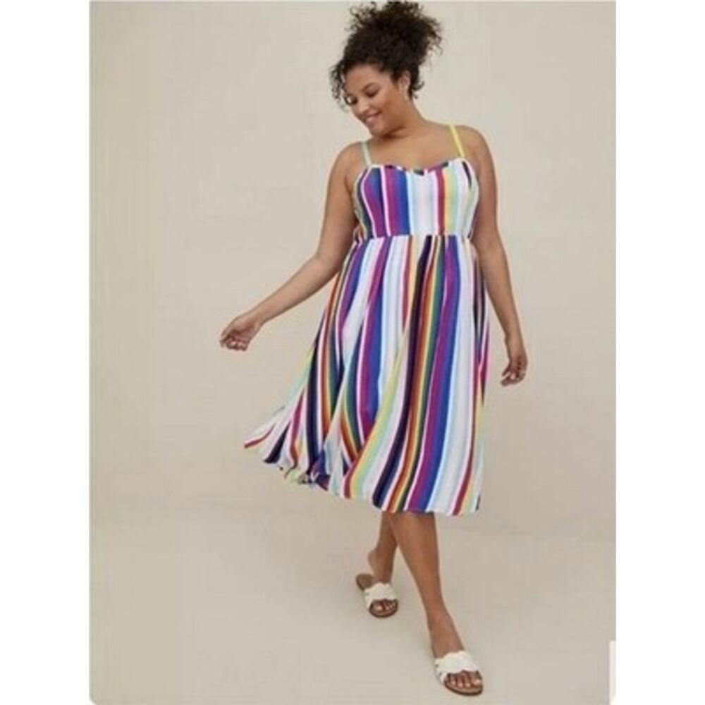 Torrid Pride Rainbow Stripe Challis Skater Midi Dress 2X - Pockets & Adjustable